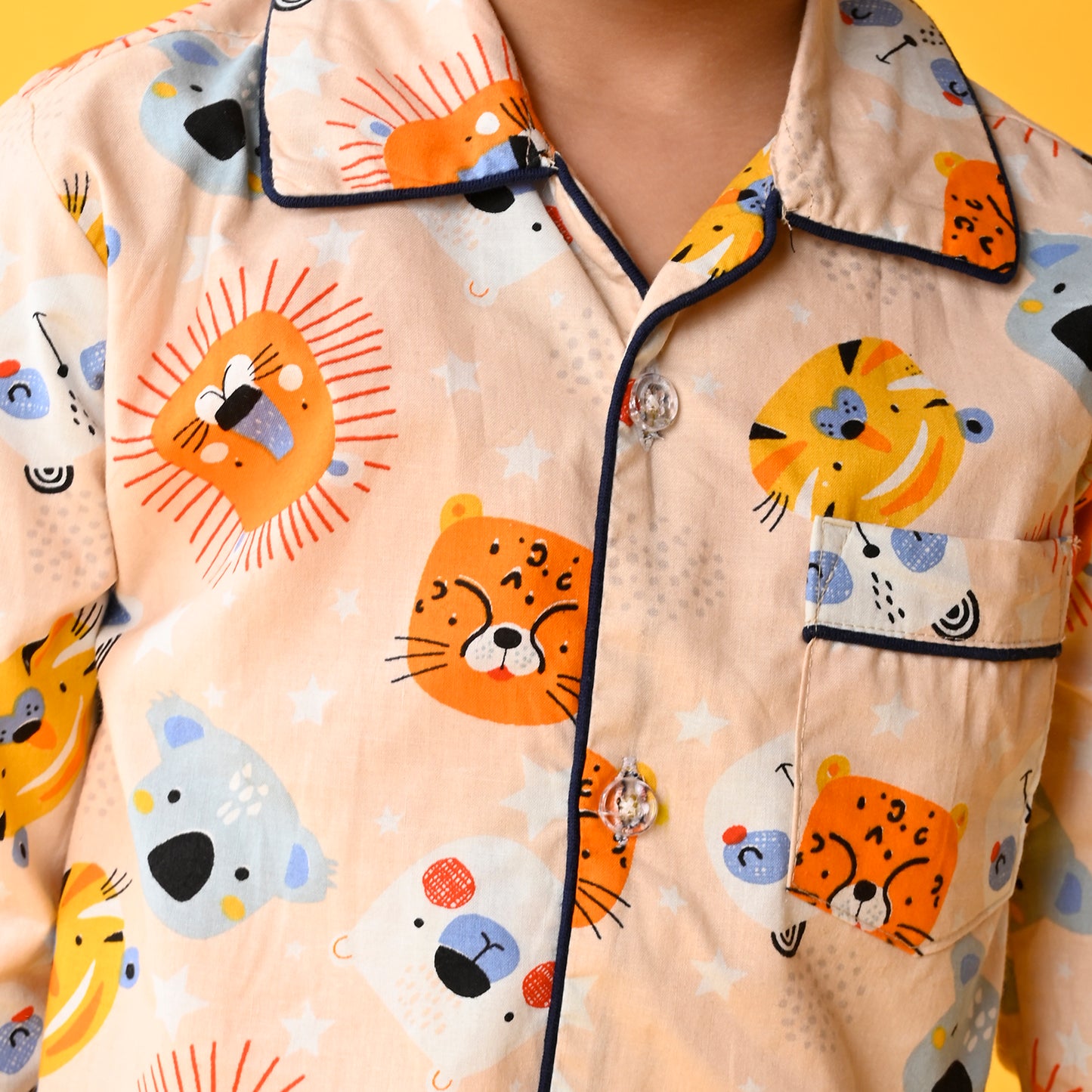 Peach Orange / Lion Printed Full Sleeves Cotton Kids Night Suit image 4