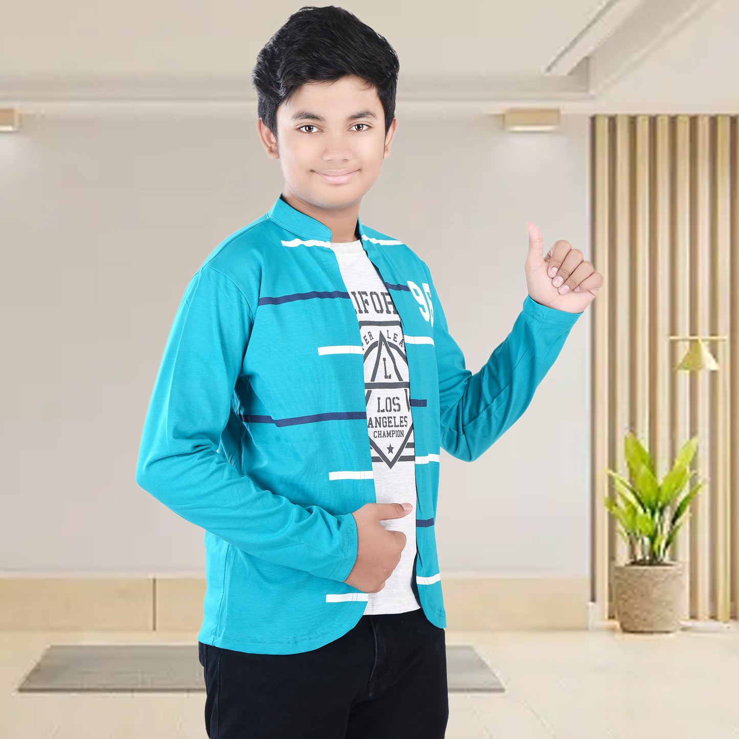 Green /Printed Full Sleeves Pure Cotton Boys T-shirt Attached with Shrug image 2