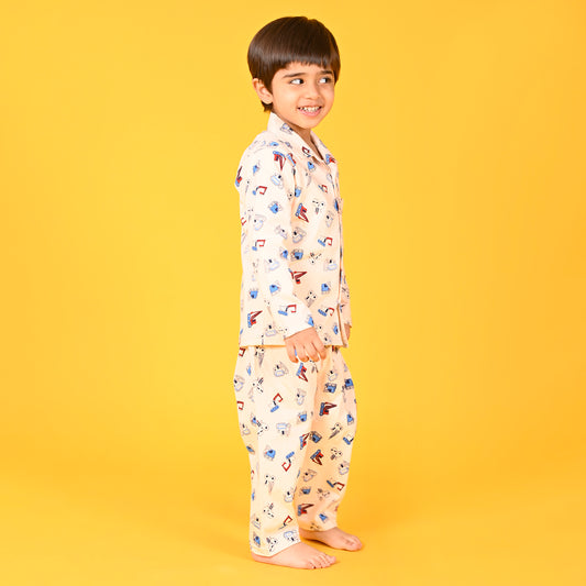 Peach / Car Printed Full Sleeves Cotton Kids Night Suit image 1