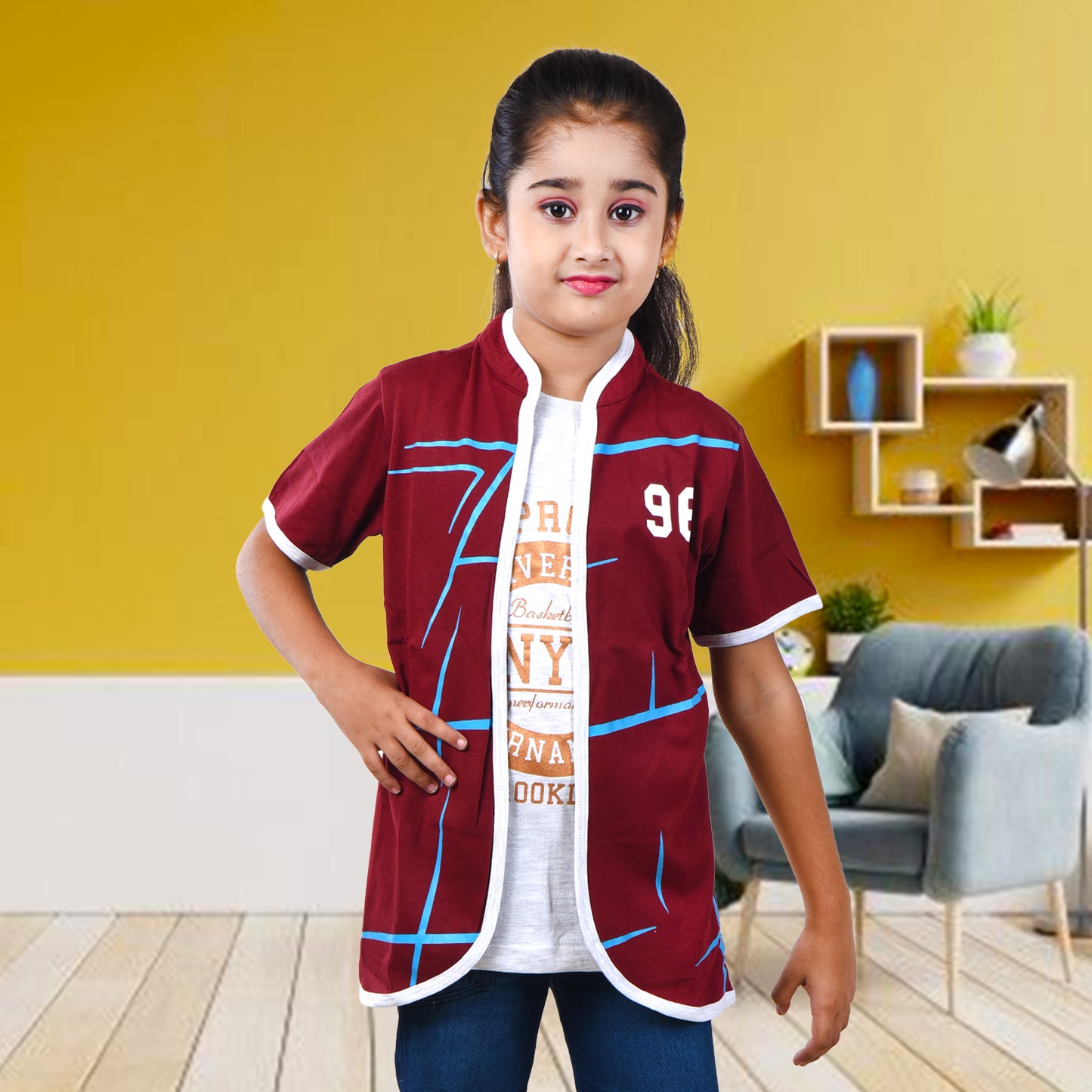 Maroon /Printed Half Sleeves Pure Cotton Girls T-shirt Attached with Shrug image 0
