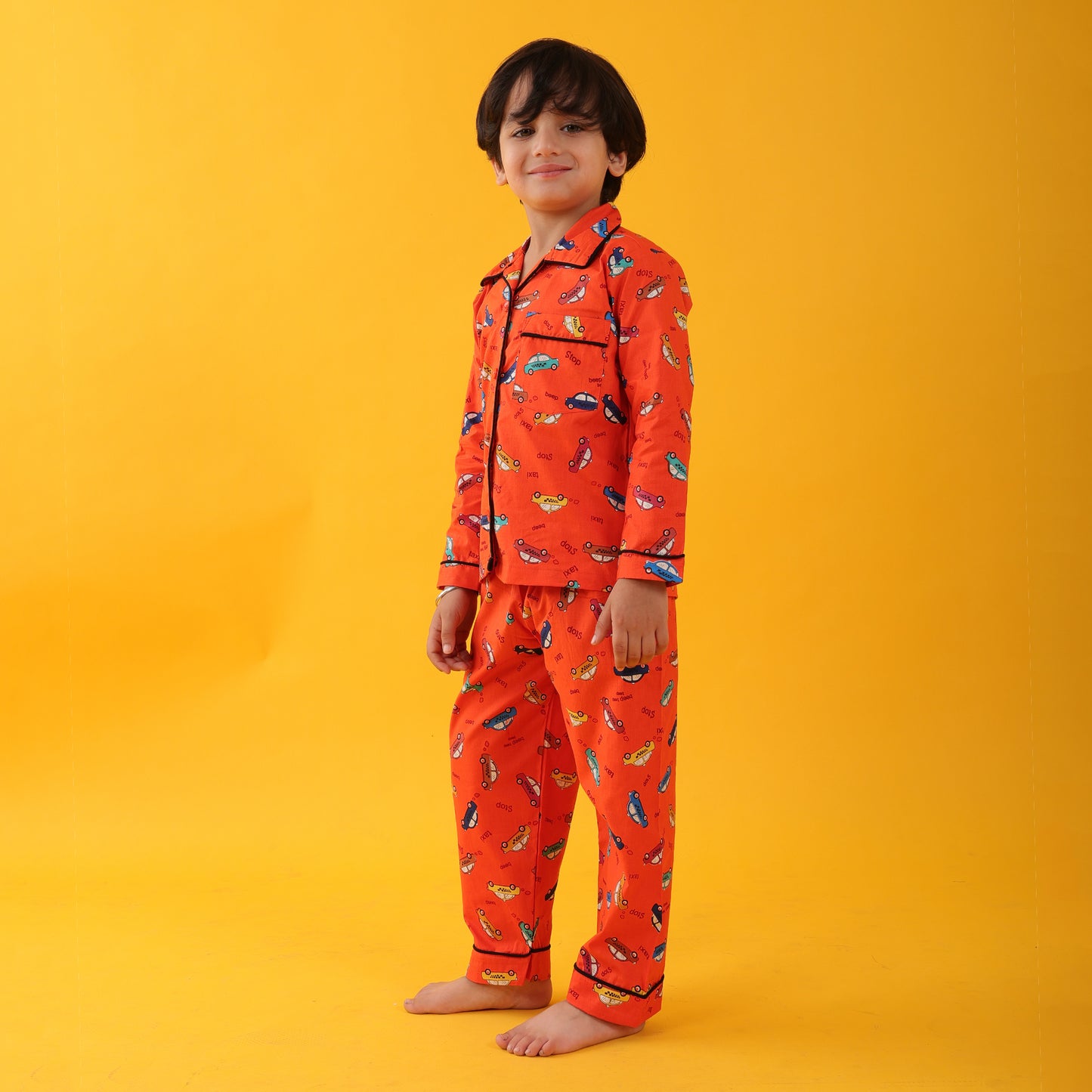 Orange /Car Printed Full Sleeves Cotton Kids Night Suit Set image 2
