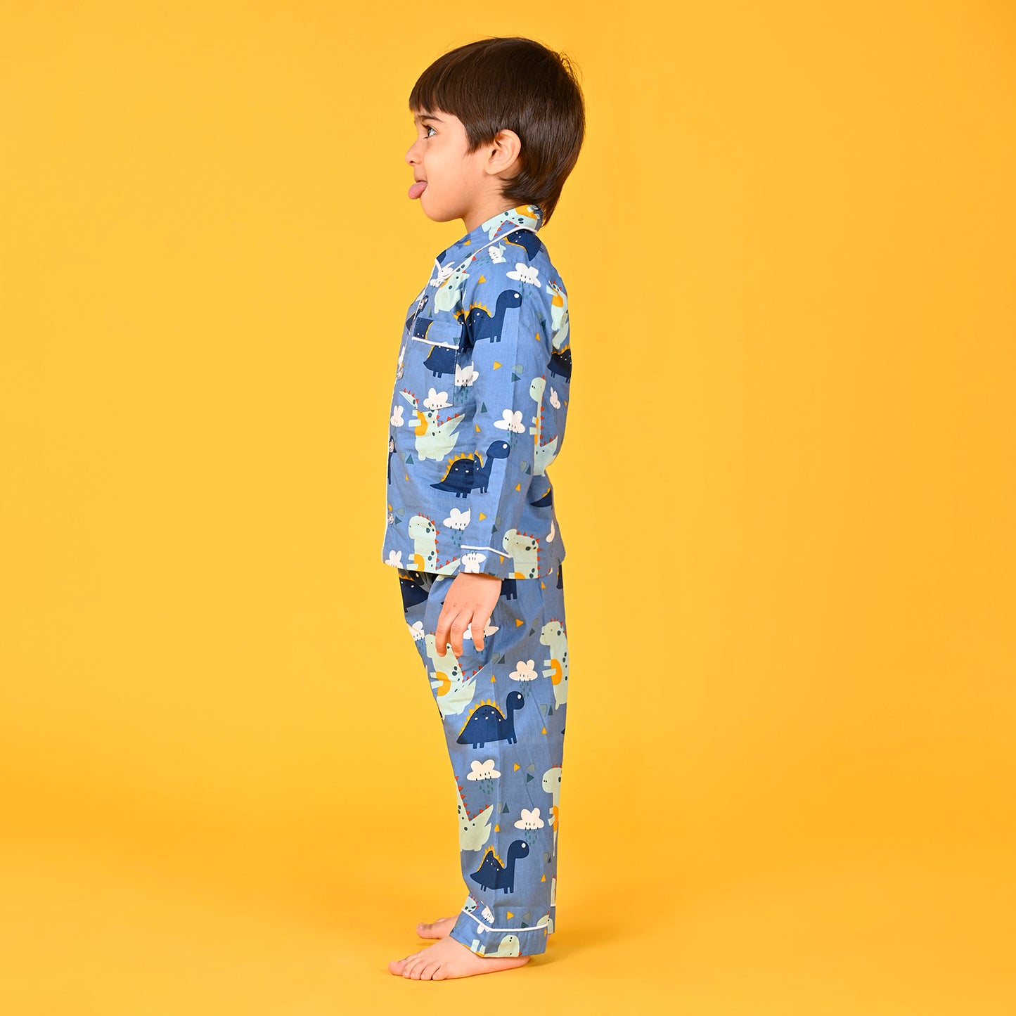 Horizan Blue / Dinosaur Printed Full Sleeves Cotton Kids Night Suit image 2