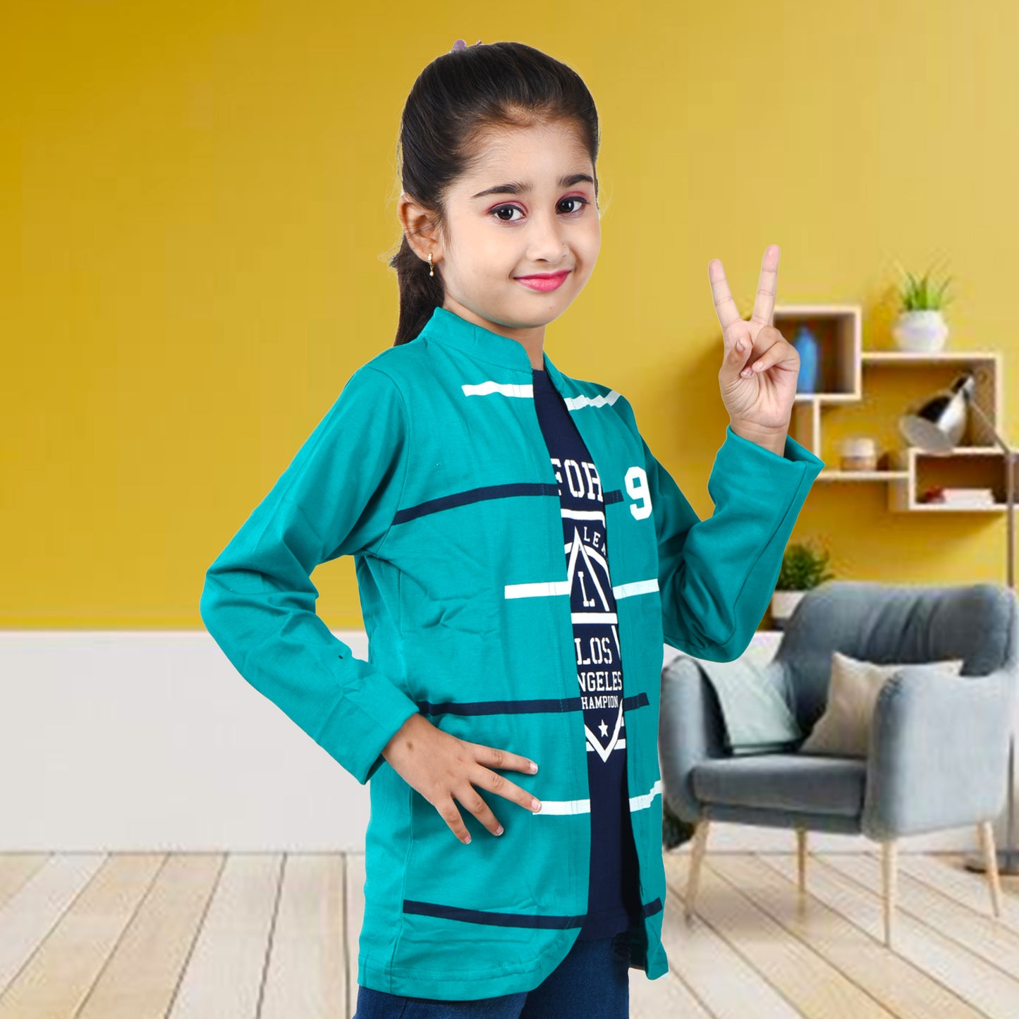 Rama Green /Printed Full Sleeves Pure Cotton Girls T-shirt Attached with Shrug image 2