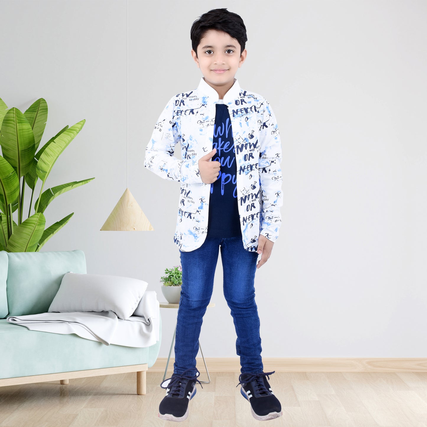 White /Printed Full Sleeves Pure Cotton Boys T-shirt Attached with Shrug image 3