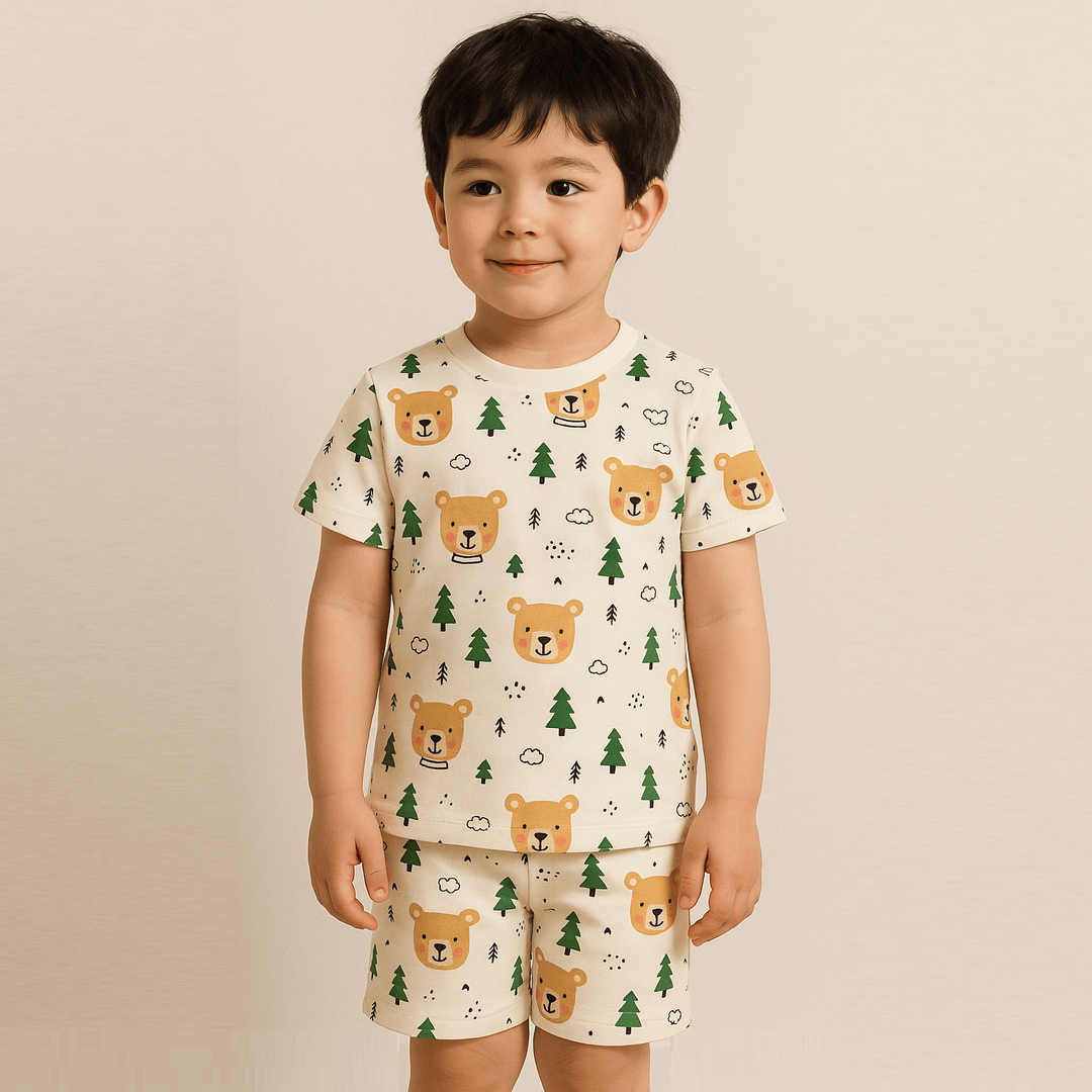 Beige 100% Cotton Printed Half Sleeves Co-ord Set for Boys