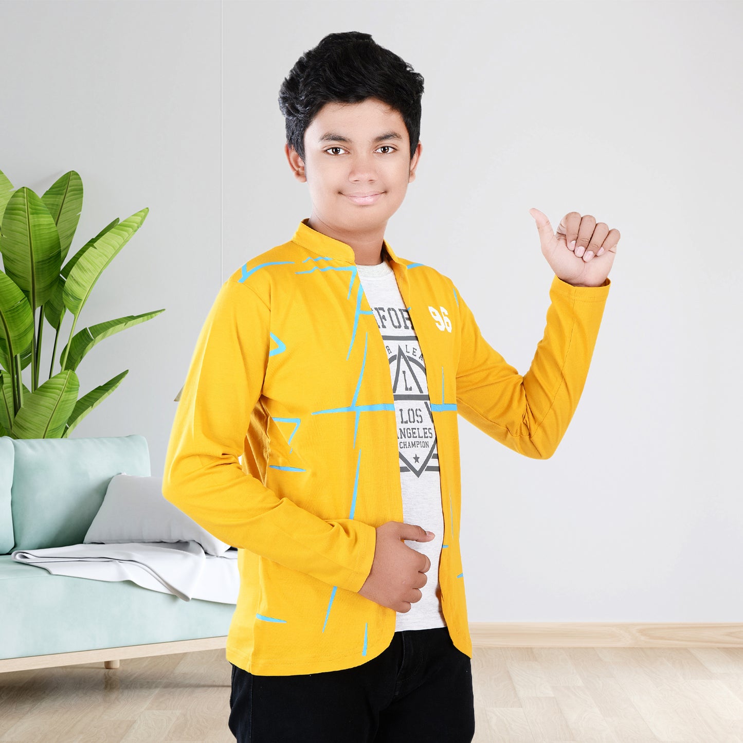 Mustard/Printed Full Sleeves Pure Cotton Boys T-shirt Attached with Shrug image 2