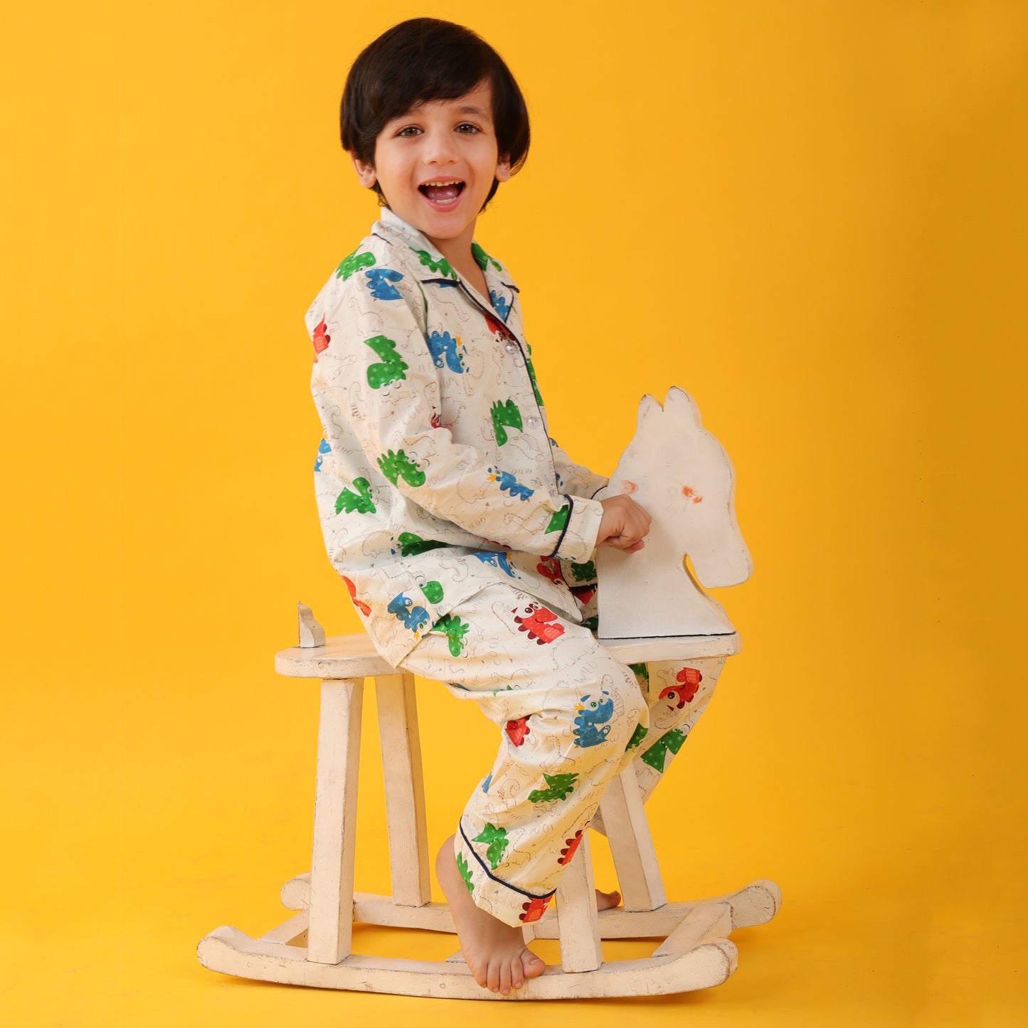 Textile White / Dragons Printed Full Sleeves Cotton kids Night Suit Set image 5