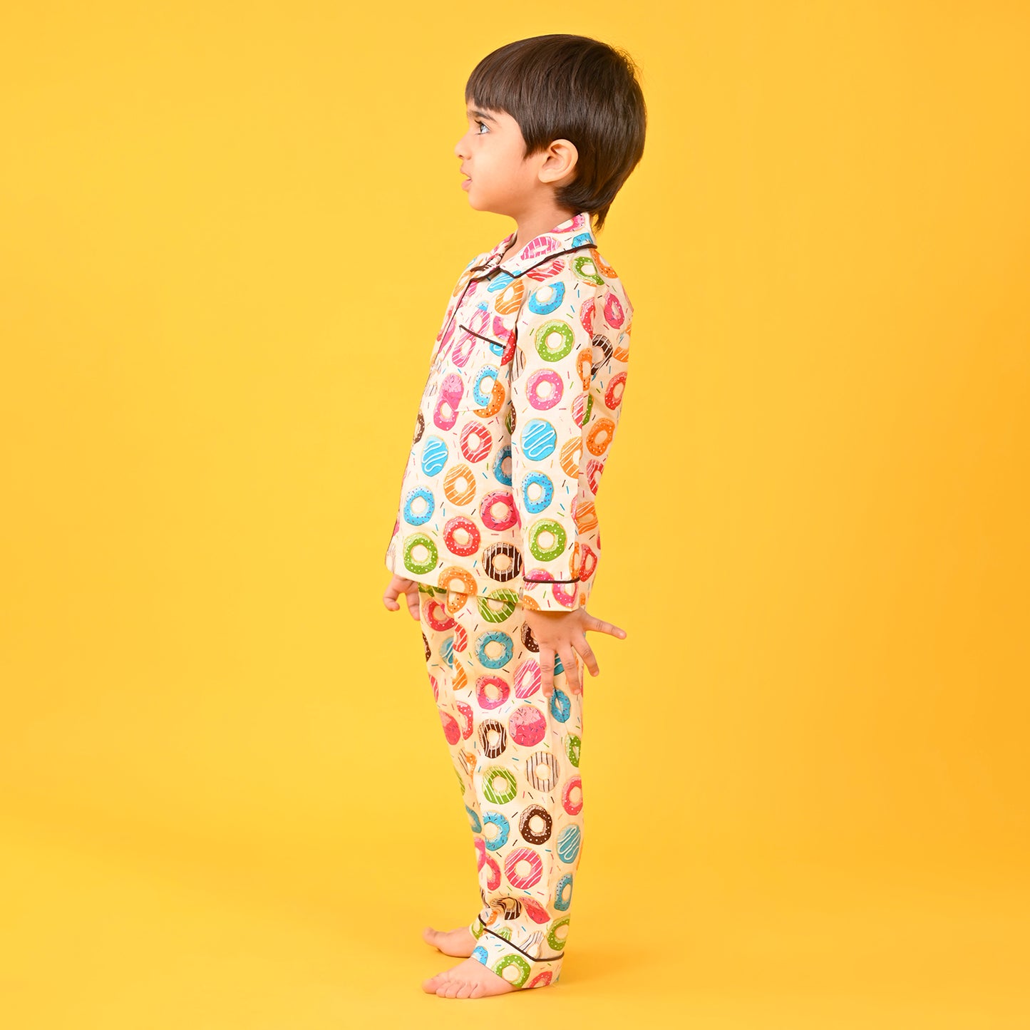 Multicolour / Donat Printed Full Sleeves Cotton Kids Night Suit image 2