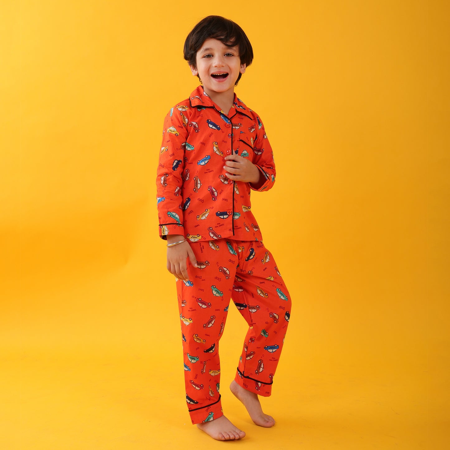 Orange /Car Printed Full Sleeves Cotton Kids Night Suit Set image 1