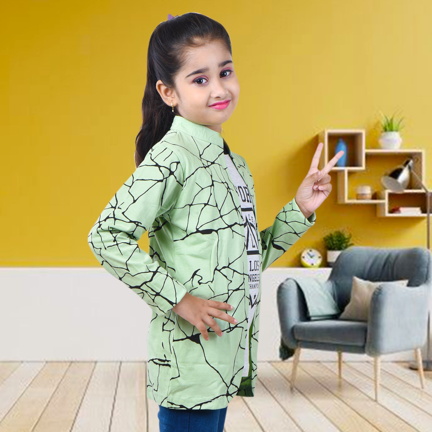 Pista Green /Printed Full Sleeves Pure Cotton Girls T-shirt Attached with Shrug image 2