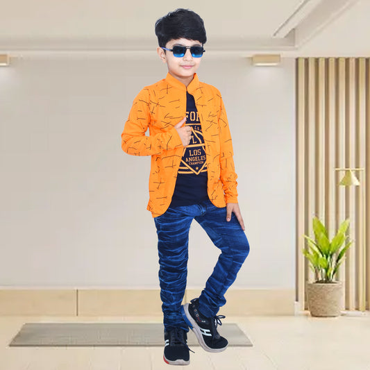 Orange/Printed Full Sleeves Pure Cotton Boys T-shirt Attached with Shrug image 1