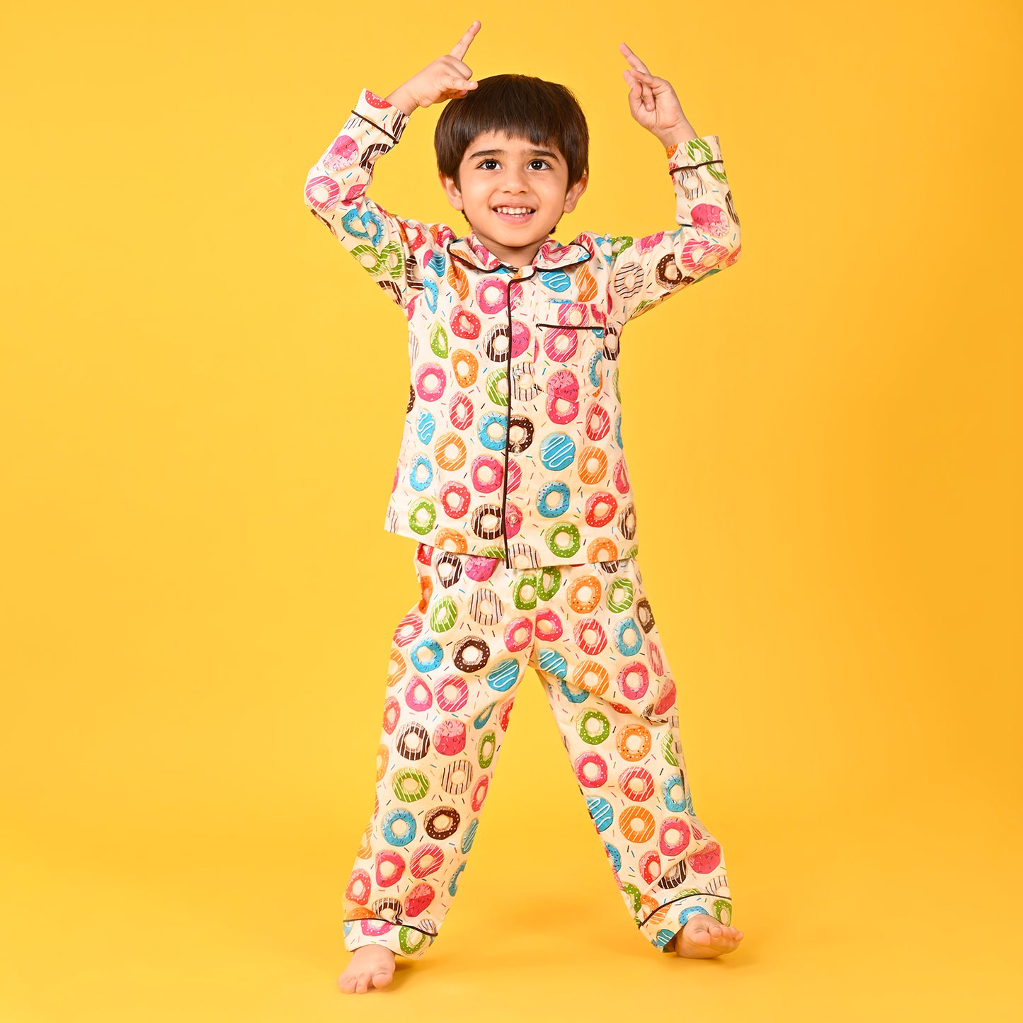 Multicolour / Donat Printed Full Sleeves Cotton Kids Night Suit image 3