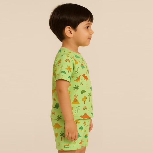 Green 100% Cotton Printed Half Sleeves Co-ord Set for Boys