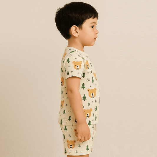 Beige 100% Cotton Printed Half Sleeves Co-ord Set for Boys