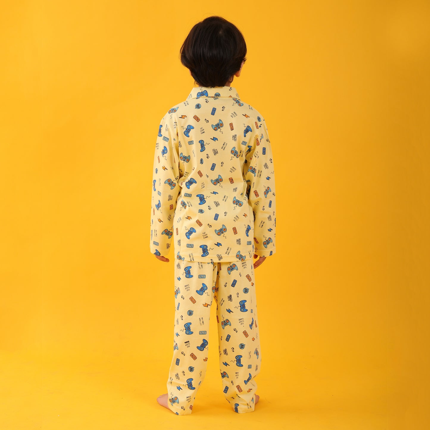 Hosiery Yellow / Joystick Printed Full Sleeves Cotton kids Night Suit Set image 1