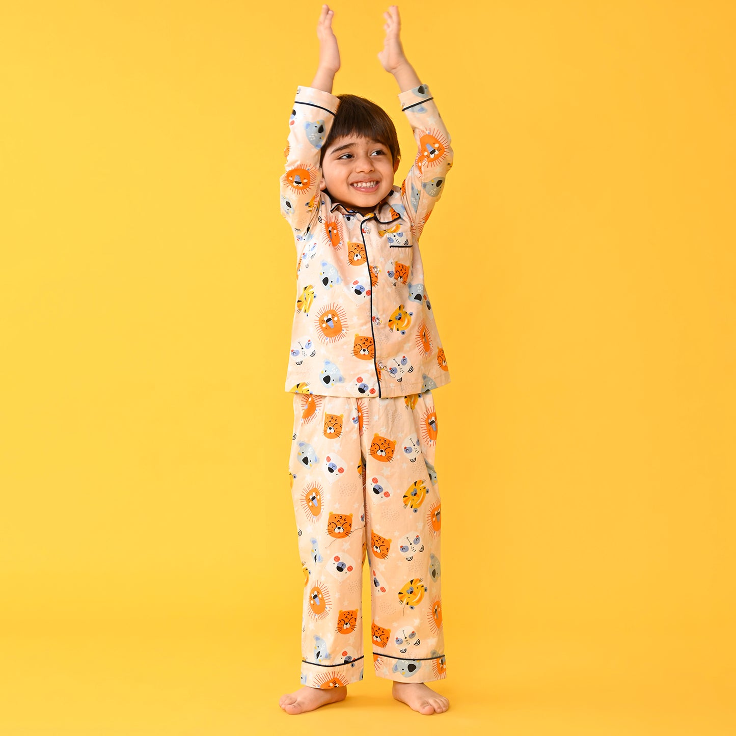 Peach Orange / Lion Printed Full Sleeves Cotton Kids Night Suit image 3
