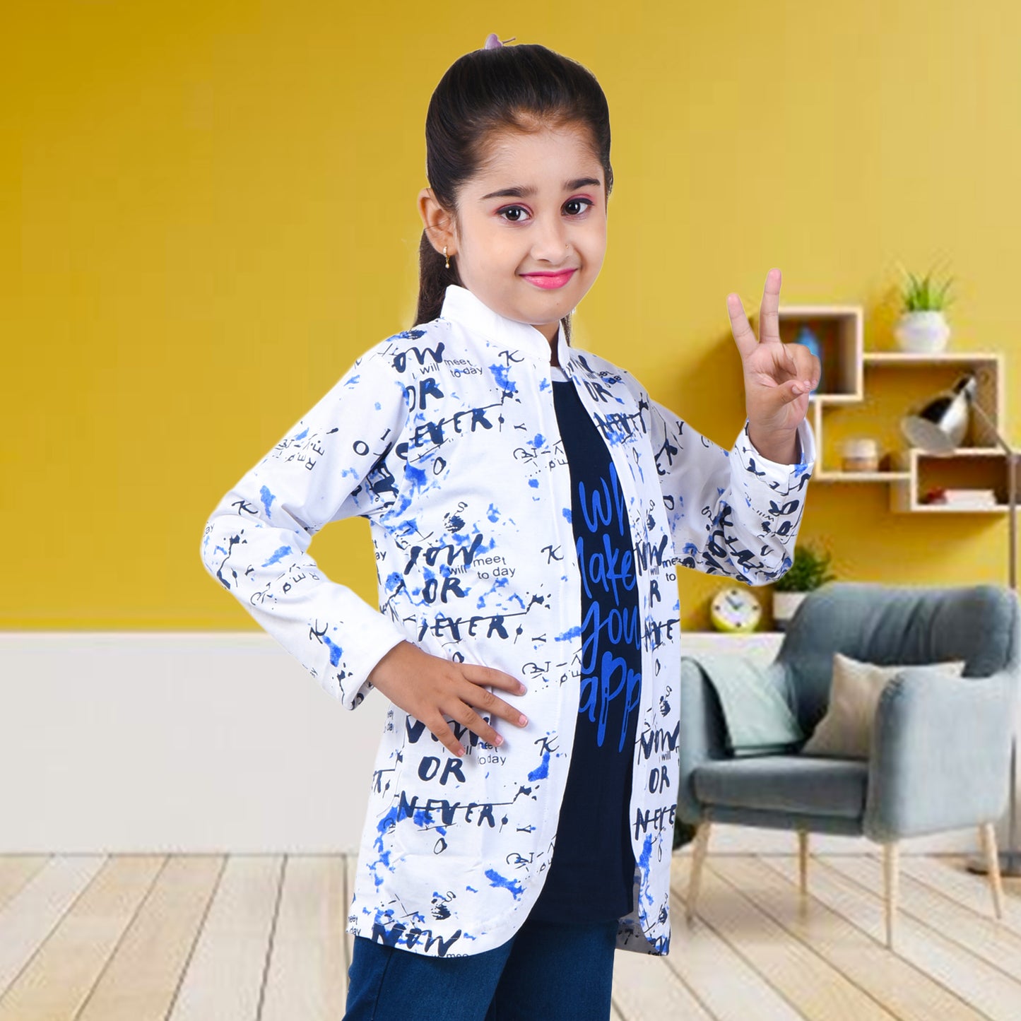 White /Printed Full Sleeves Pure Cotton Girls T-shirt Attached with Shrug image 2