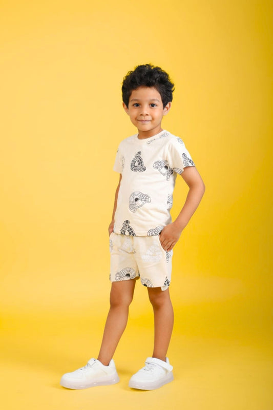 Cream Pure Cotton Printed Co-ord Set for Boys