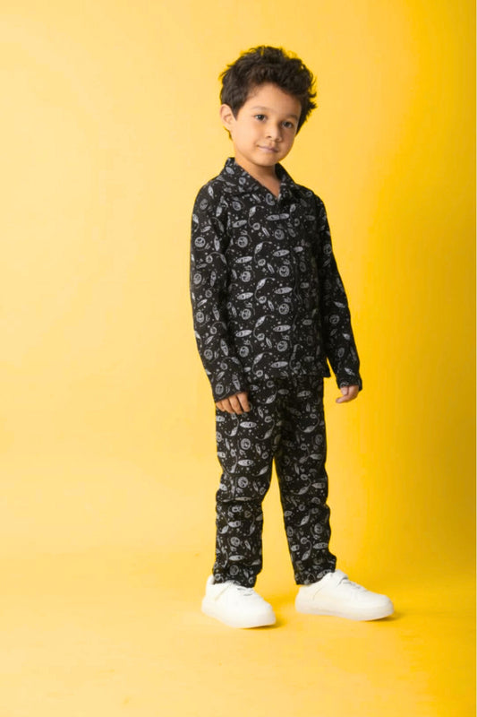 Black Pure Cotton Printed Nightsuit for Boys