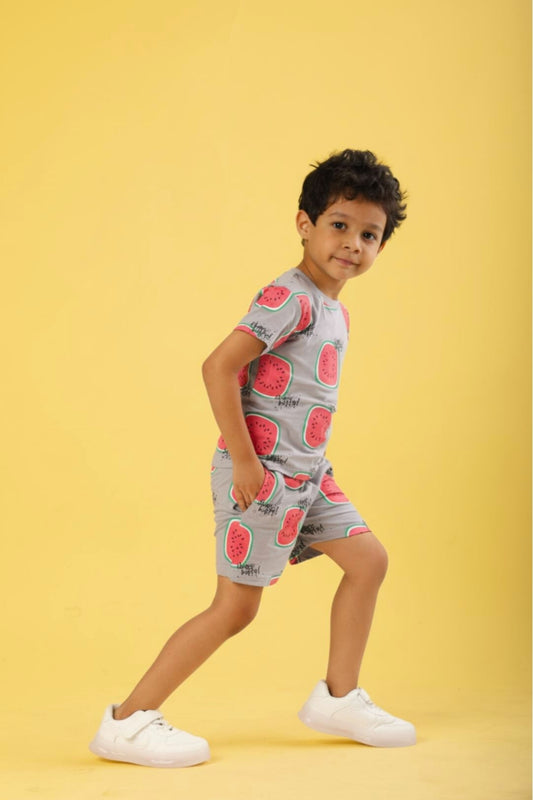 Grey Pure Cotton Printed Co-ord Set for Boys