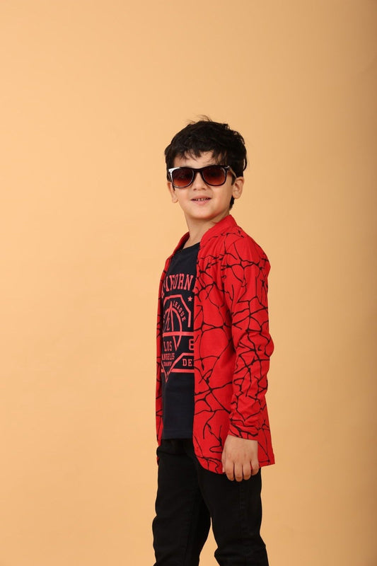 Red Pure Cotton Printed T-shirt with attached Jacket for Boys