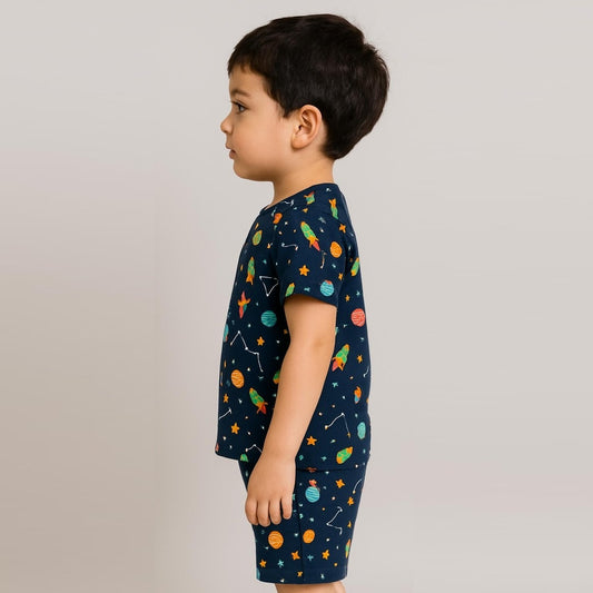 Navy Blue 100% Cotton Printed Half Sleeves Co-ord Set for Boys