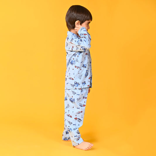 Coral Blue / Bulldozer Printed Full Sleeves Cotton Kids Night Suit image 1
