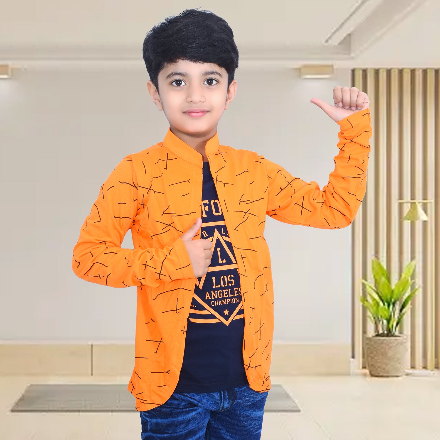 Orange/Printed Full Sleeves Pure Cotton Boys T-shirt Attached with Shr