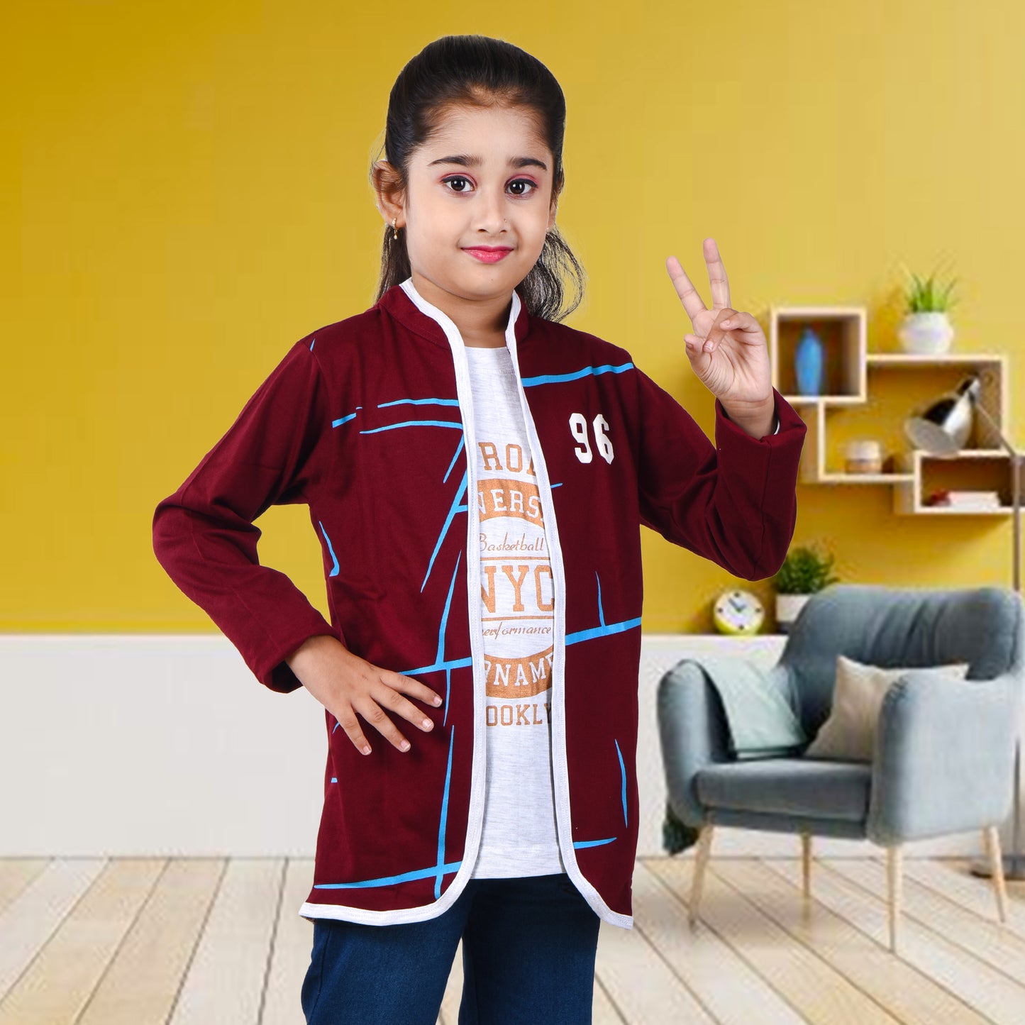 Maroon /Printed Full Sleeves Pure Cotton Girls T-shirt Attached with Shrug image 3