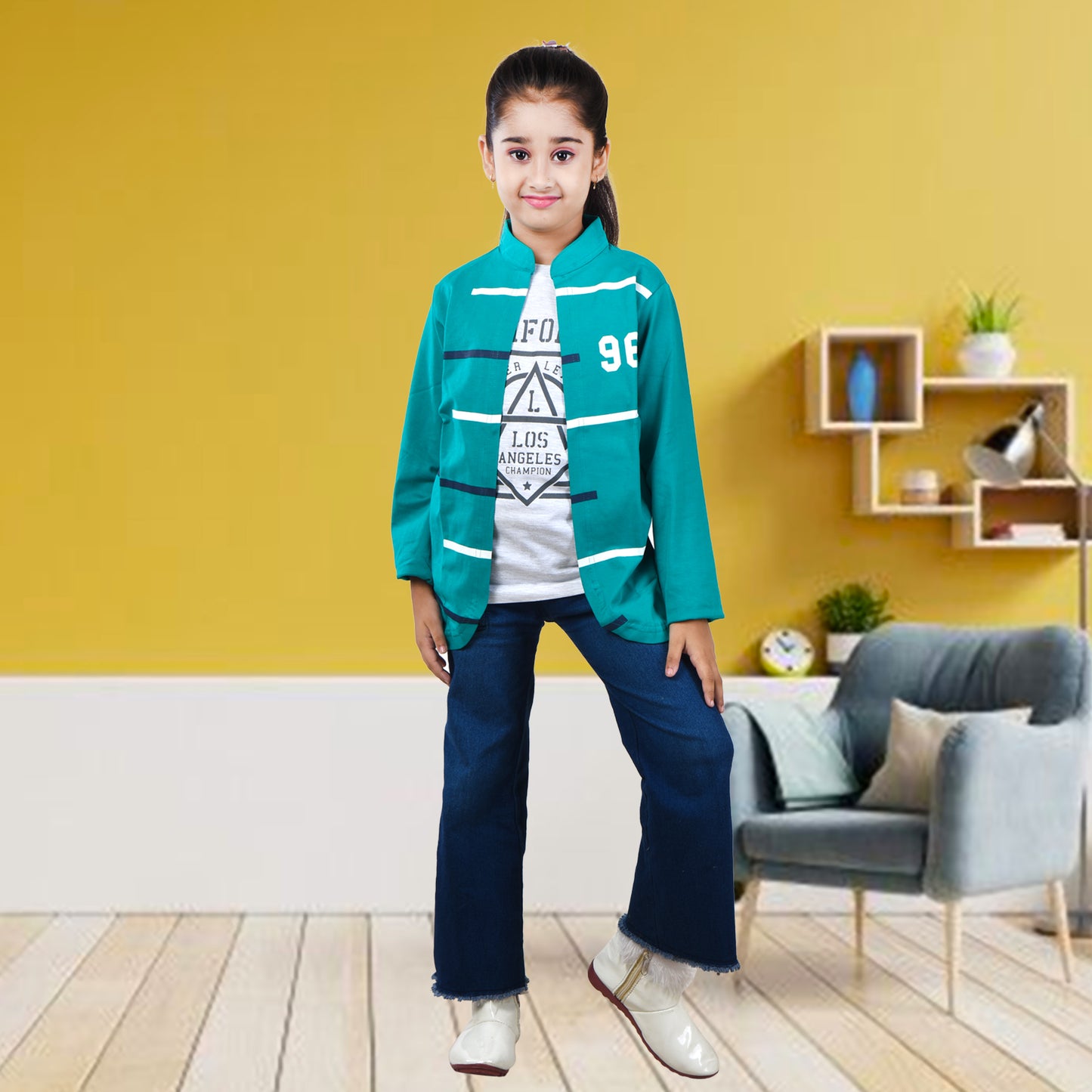 Rama Green /Printed Half Sleeves Pure Cotton Girls T-shirt Attached with Shrug image 3