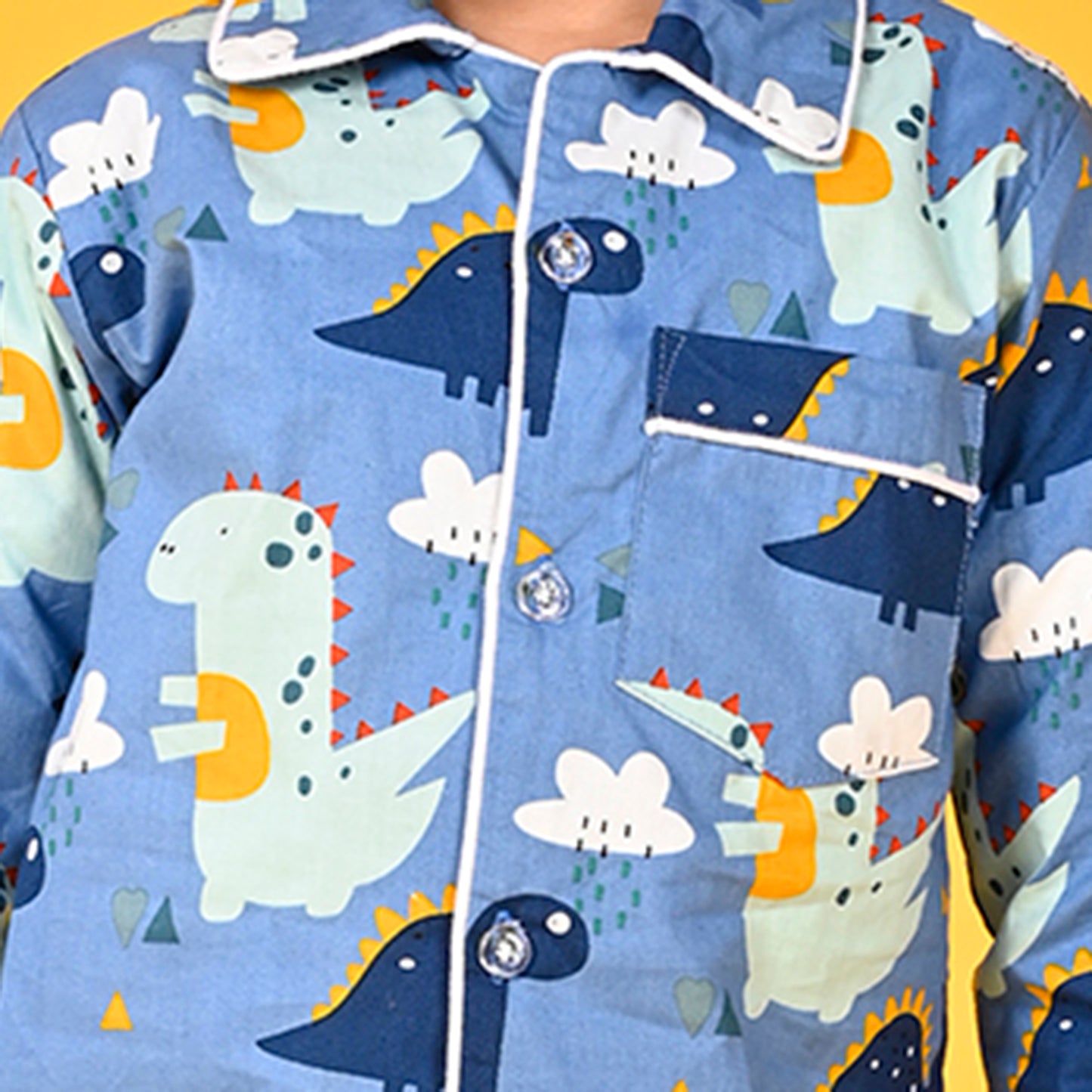 Horizan Blue / Dinosaur Printed Full Sleeves Cotton Kids Night Suit image 3