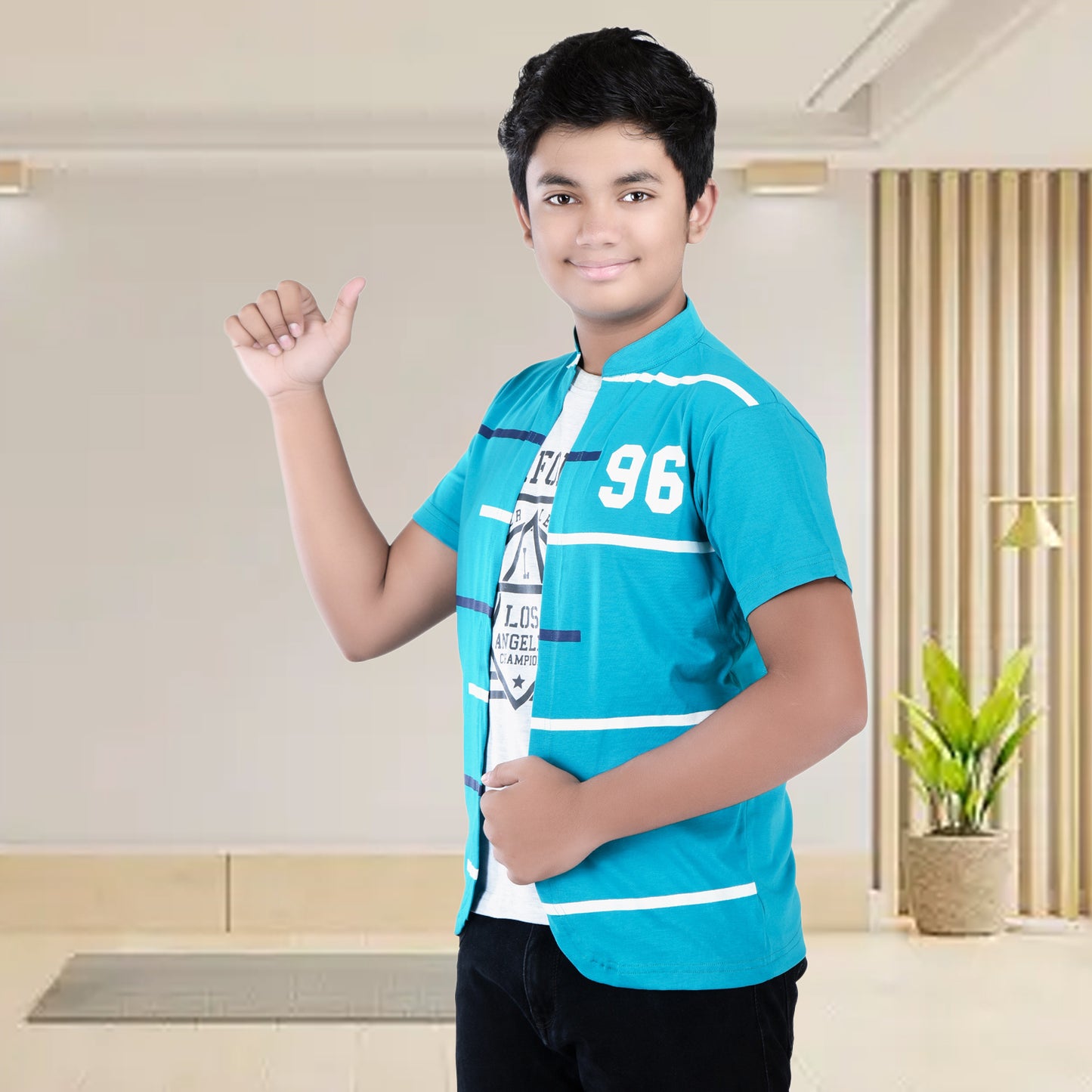 Green /Printed Half Sleeves Pure Cotton Boys T-shirt Attached with Shrug image 3