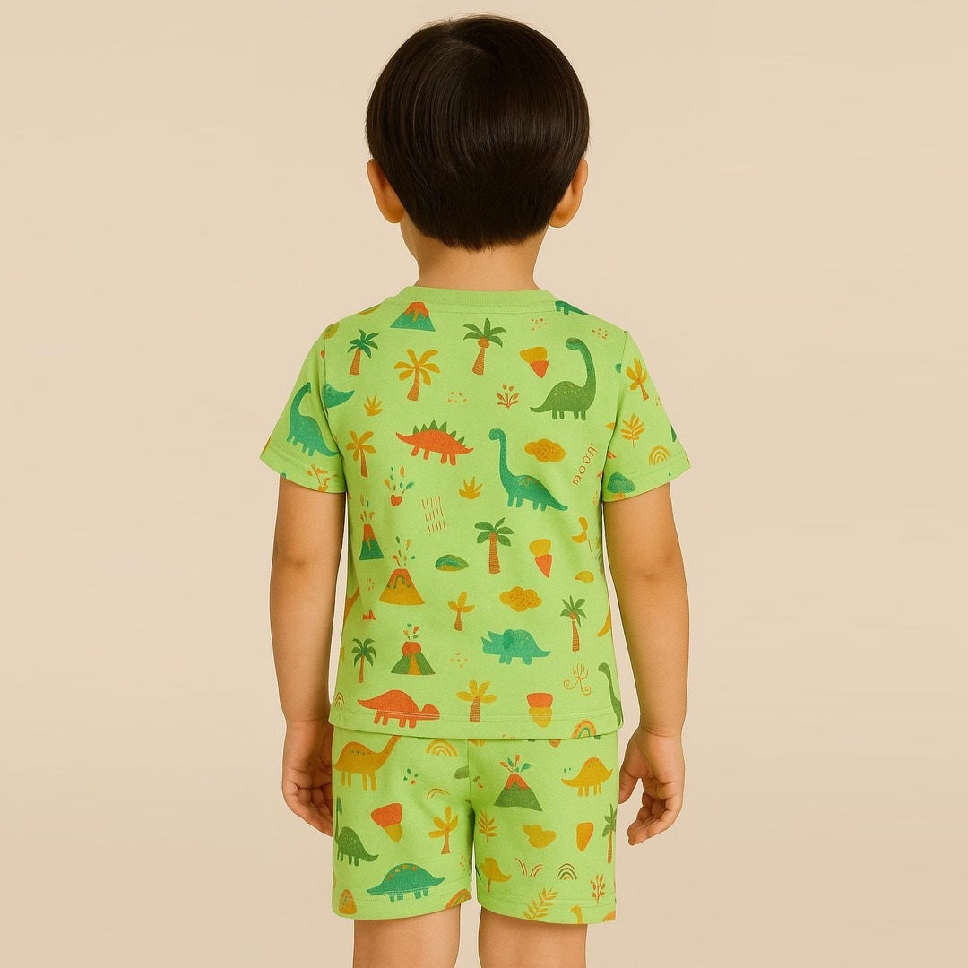 Green 100% Cotton Printed Half Sleeves Co-ord Set for Boys