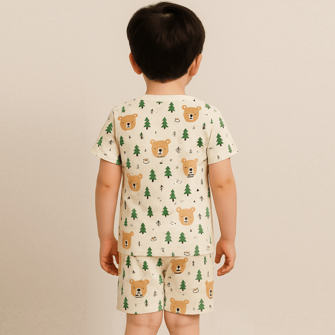 Beige 100% Cotton Printed Half Sleeves Co-ord Set for Boys