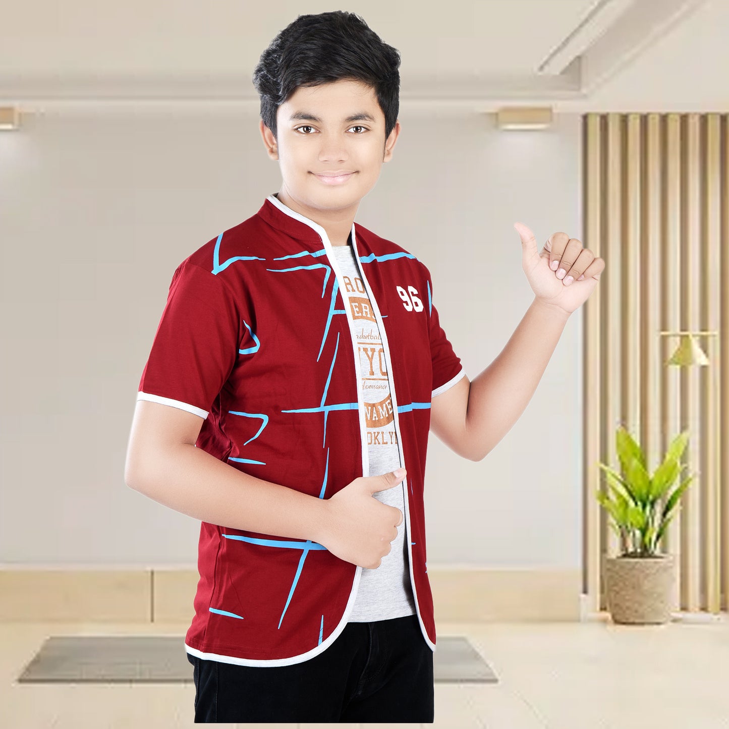 Maroon /Printed Half Sleeves Pure Cotton Boys T-shirt Attached with Shrug image 2