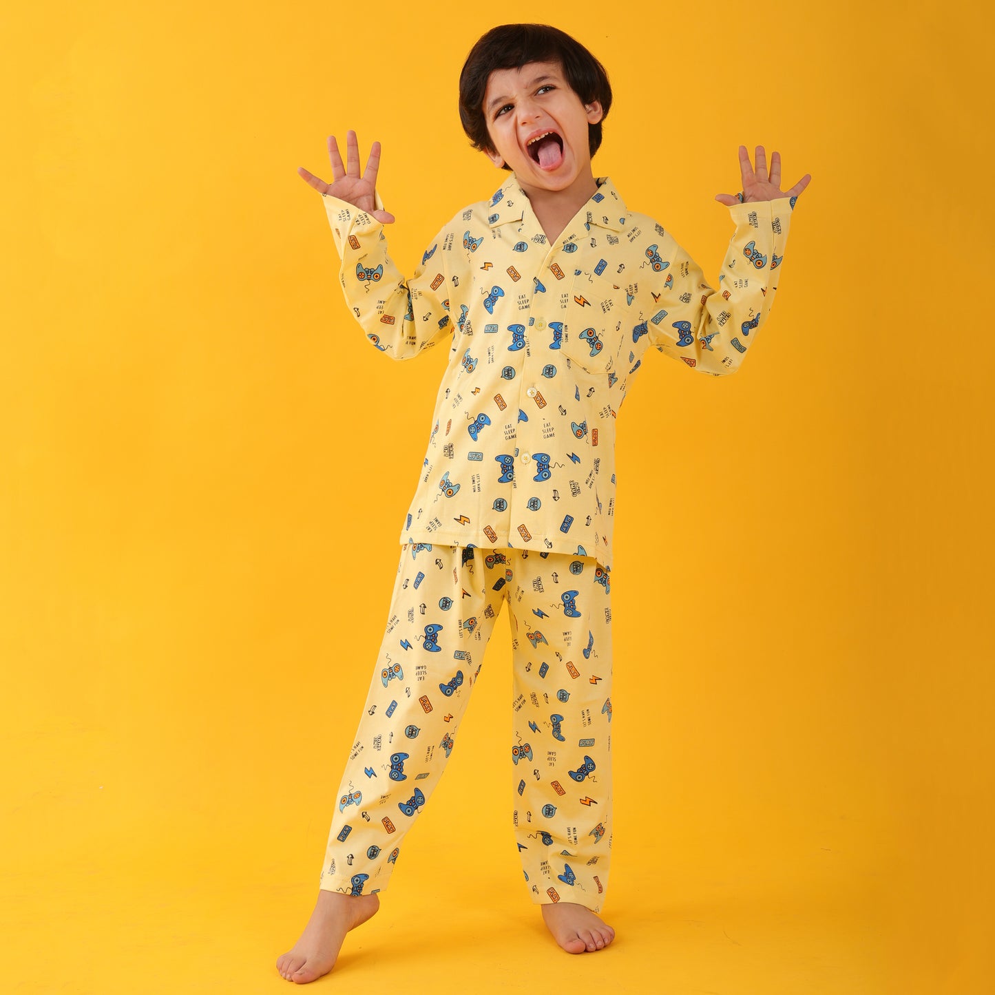 Hosiery Yellow / Joystick Printed Full Sleeves Cotton kids Night Suit Set image 5