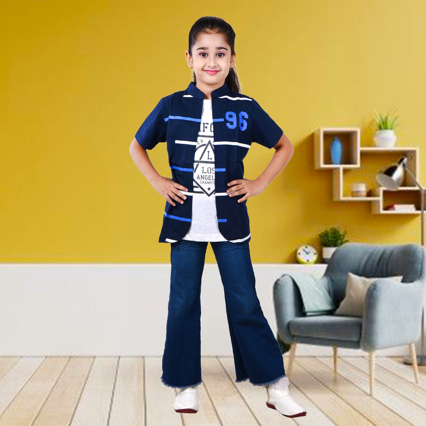 Navy Blue /Printed Half Sleeves Pure Cotton Girls T-shirt Attached with Shrug image 4