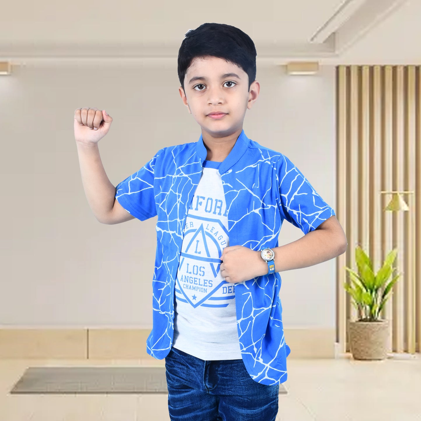 Royal Blue /Printed Half Sleeves Pure Cotton Boys T-shirt Attached with Shrug image 3
