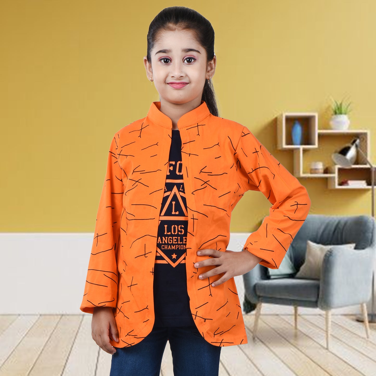 Orange /Printed Full Sleeves Pure Cotton Girls T-shirt Attached with Shrug image 2