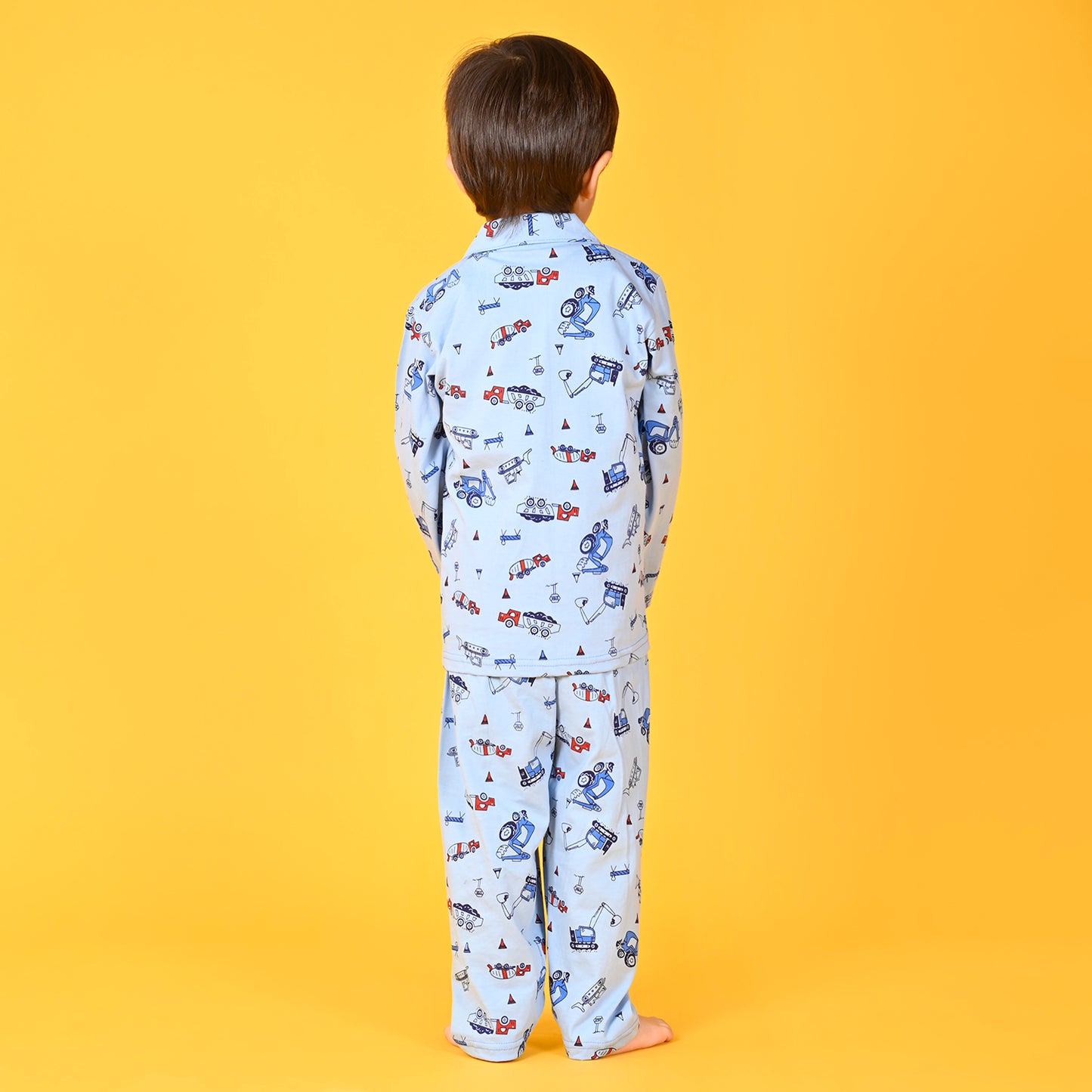 Coral Blue / Bulldozer Printed Full Sleeves Cotton Kids Night Suit image 4