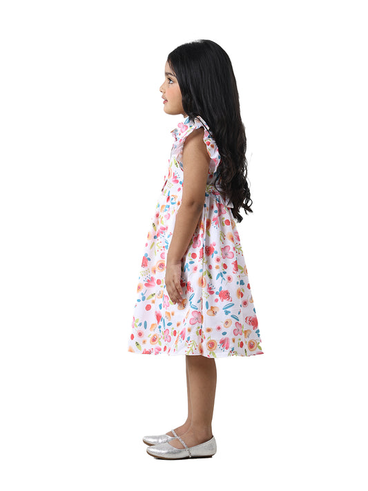 Girls Floral Print Cotton Blend A-Line Frock Dress - White