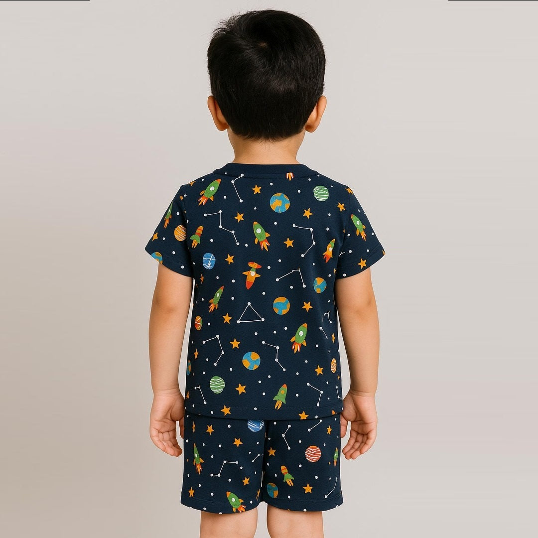 Navy Blue 100% Cotton Printed Half Sleeves Co-ord Set for Boys