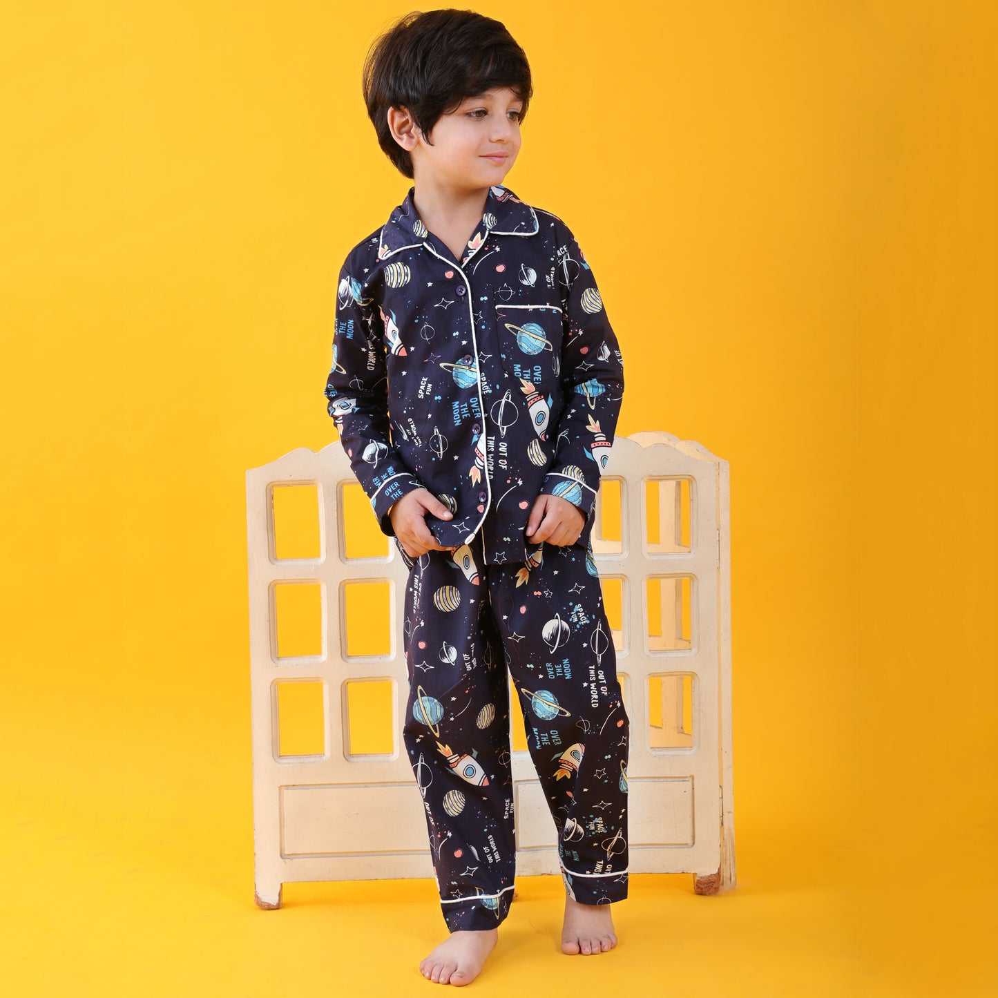 Navy Blue /Space Printed Full Sleeves Cotton kids Night Suit Set image 1