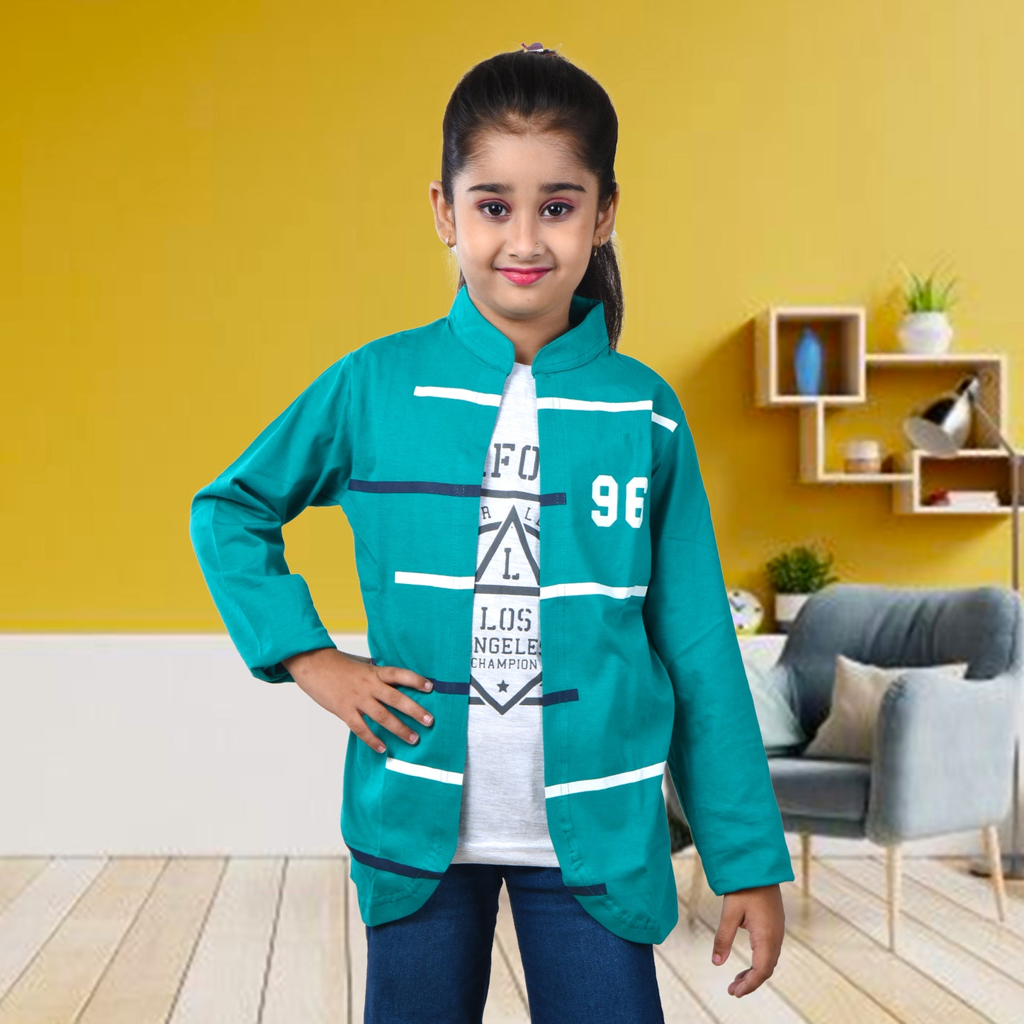 Green /Printed Full Sleeves Pure Cotton Girls T-shirt Attached with Shrug image 0