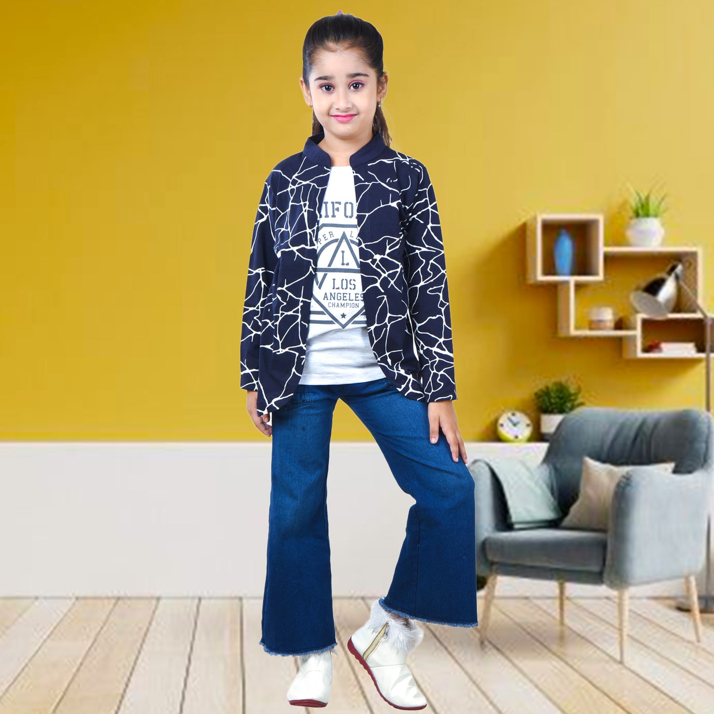 Navy Blue /Printed Full Sleeves Pure Cotton Girls T-shirt Attached with Shrug image 4
