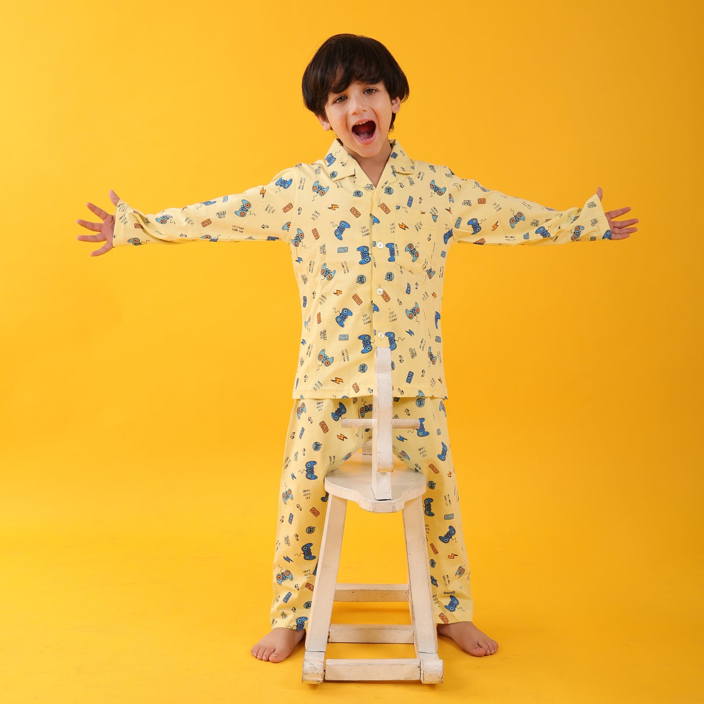 Hosiery Yellow / Joystick Printed Full Sleeves Cotton kids Night Suit Set image 3