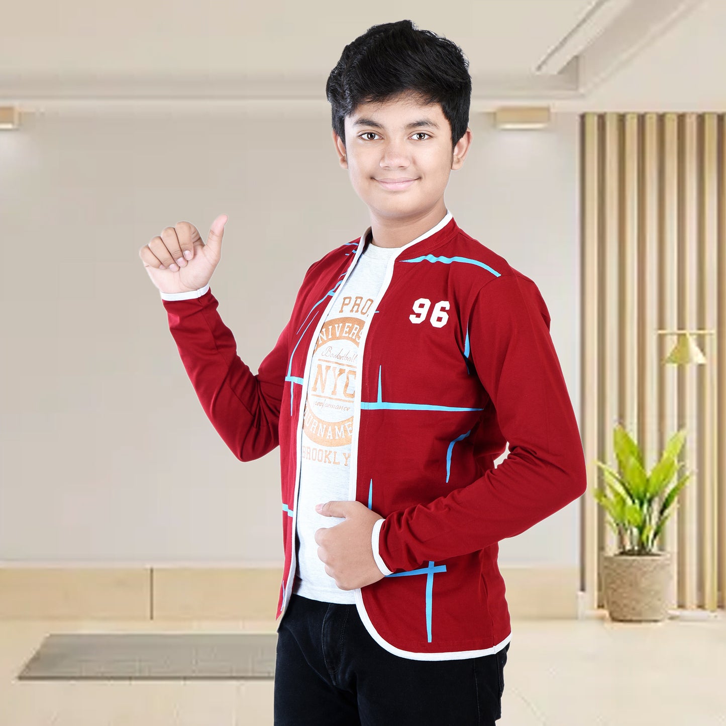 Maroon /Printed Full Sleeves Pure Cotton Boys T-shirt Attached with Shrug image 3