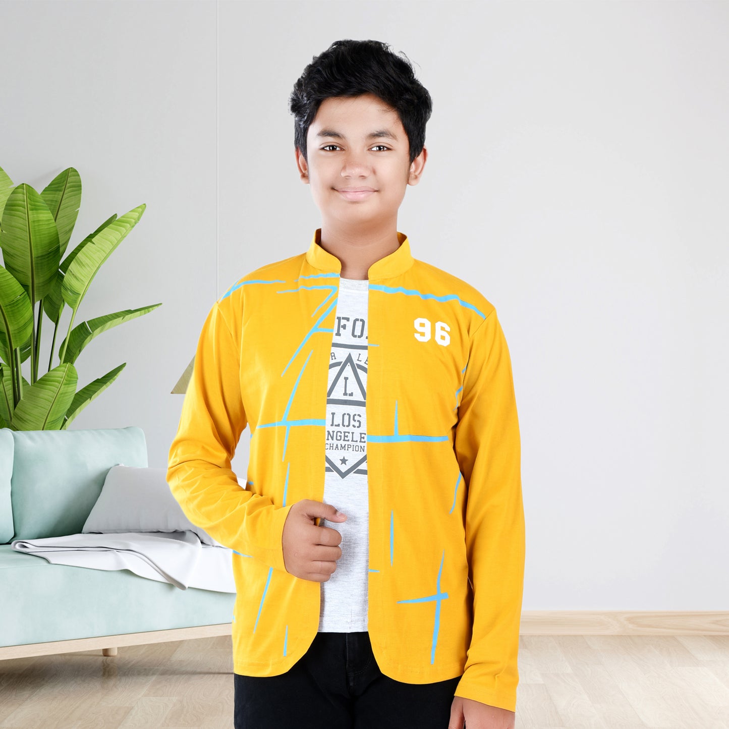 Mustard/Printed Full Sleeves Pure Cotton Boys T-shirt Attached with Shrug image 0