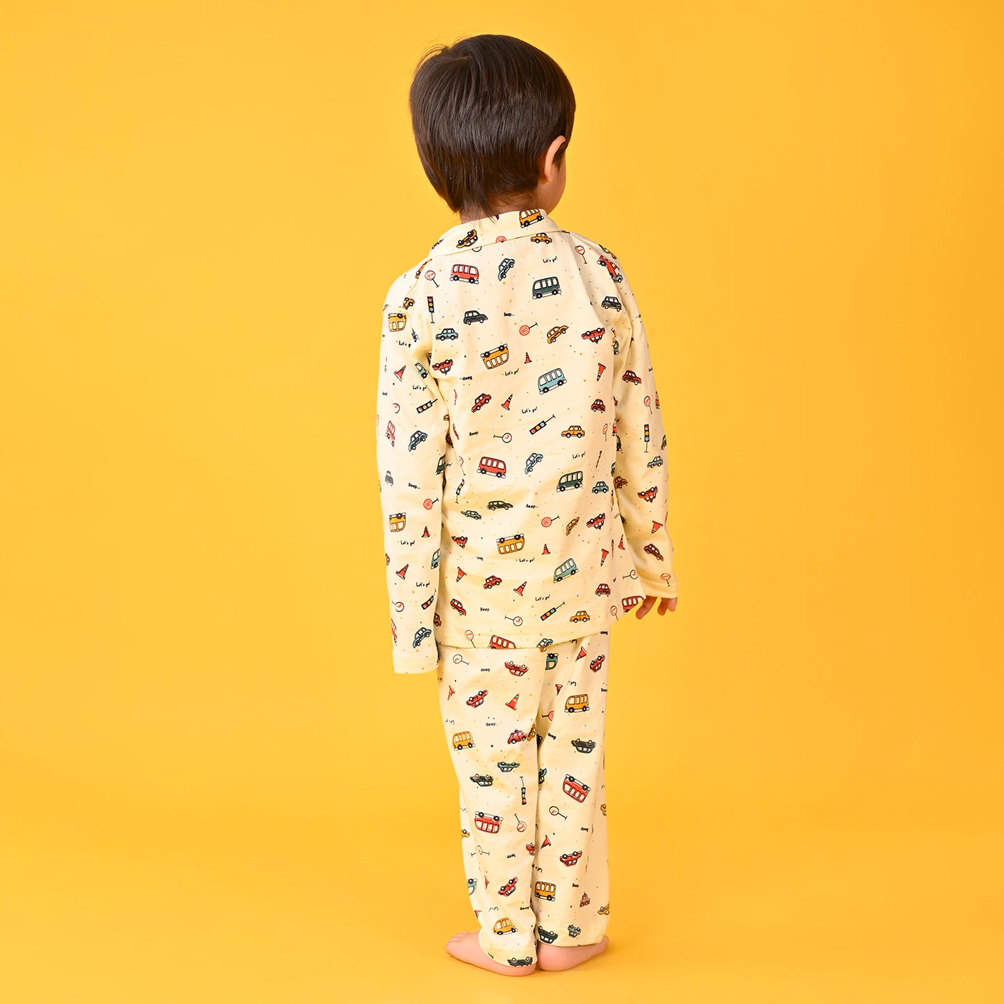 Cream Yellow / Car Printed Full Sleeves Cotton Kids Night Suit image 5