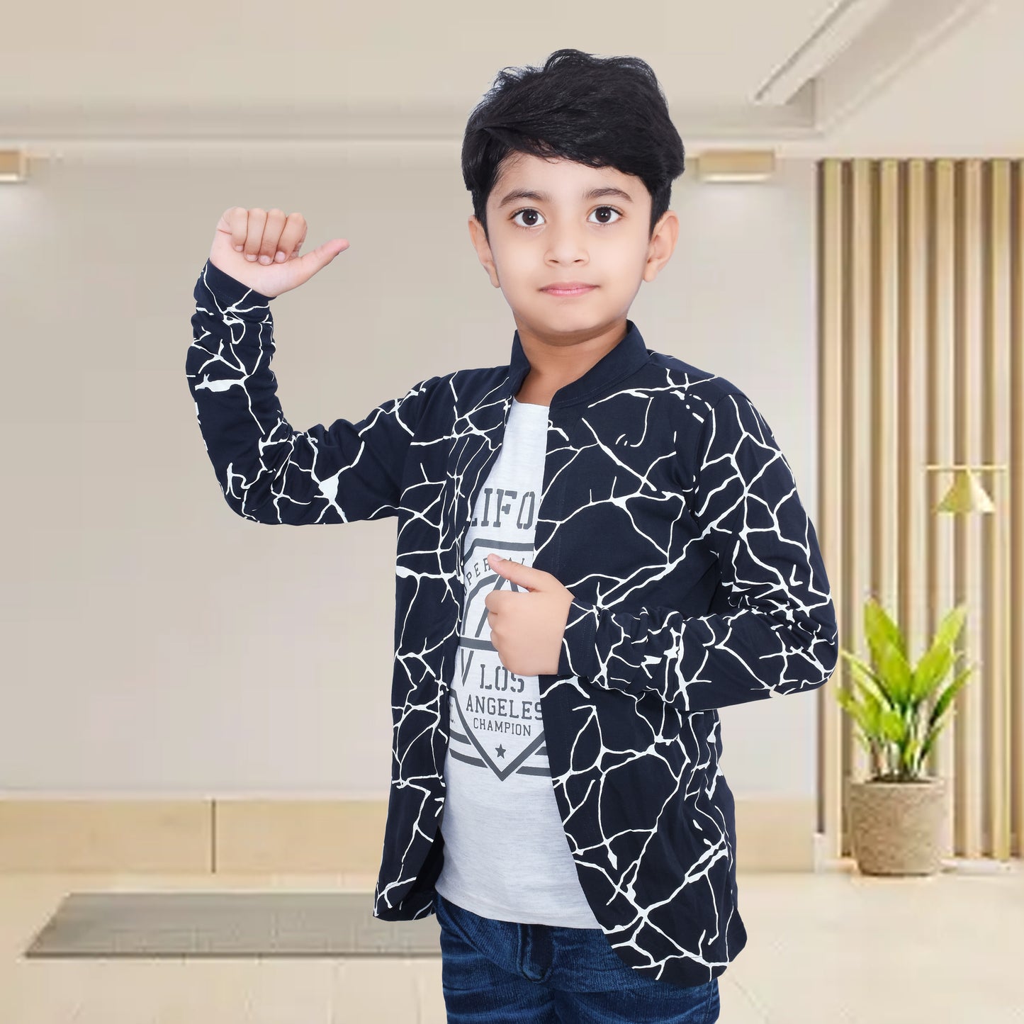Navy Blue /Printed Full Sleeves Pure Cotton Boys T-shirt Attached with Shrug image 2